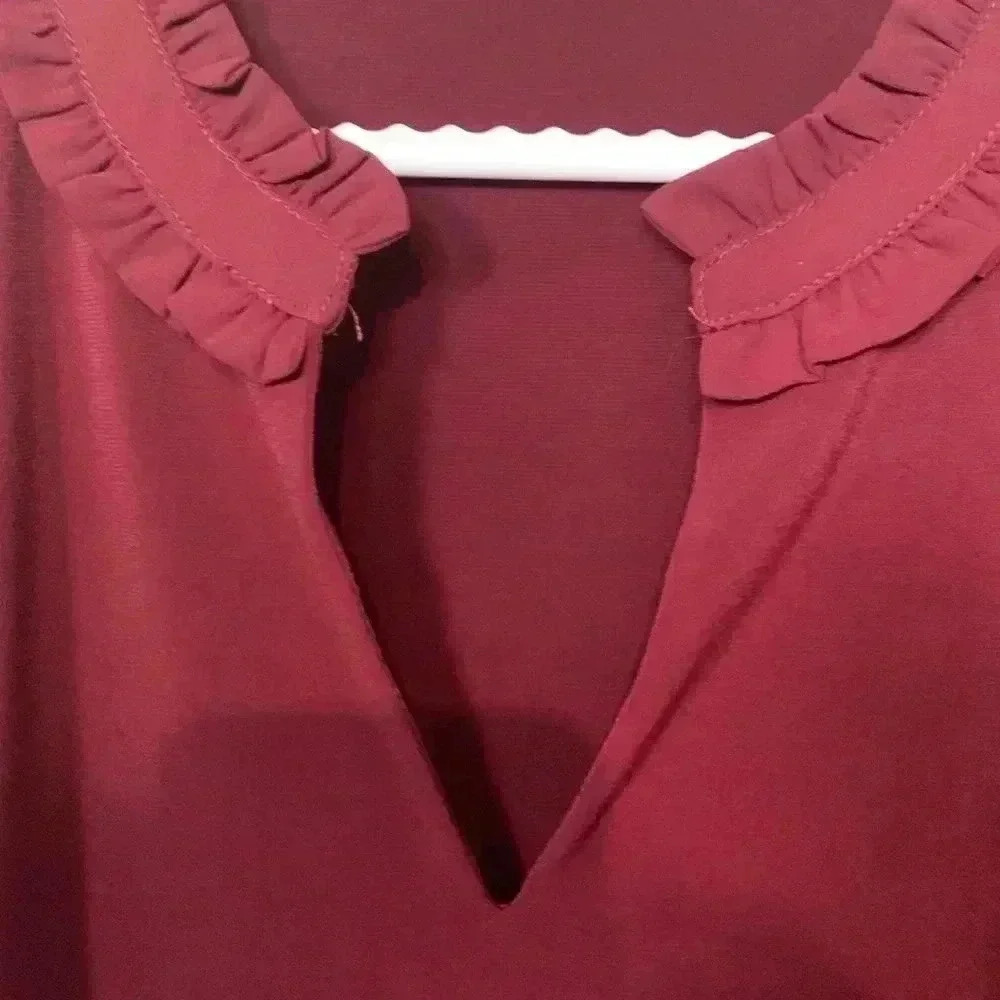 Karl Lagerfeld Maroon, Long Sleeve Blouse  w Ruffled Sleeves, Loose Fitting - Picture 11 of 11